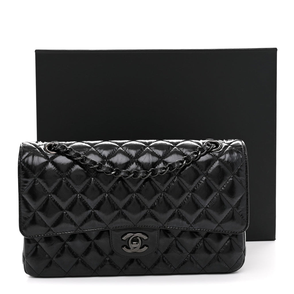 Shiny Crumpled Calfskin Quilted Medium Double Flap So Black At My store