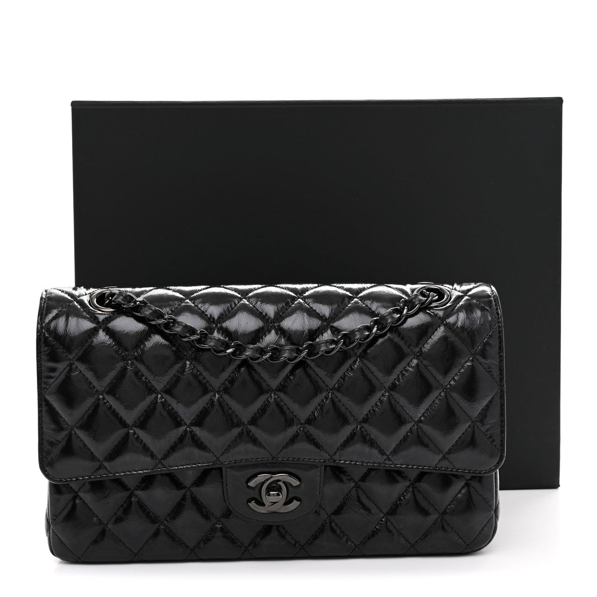 Shiny Crumpled Calfskin Quilted Medium Double Flap So Black At My store