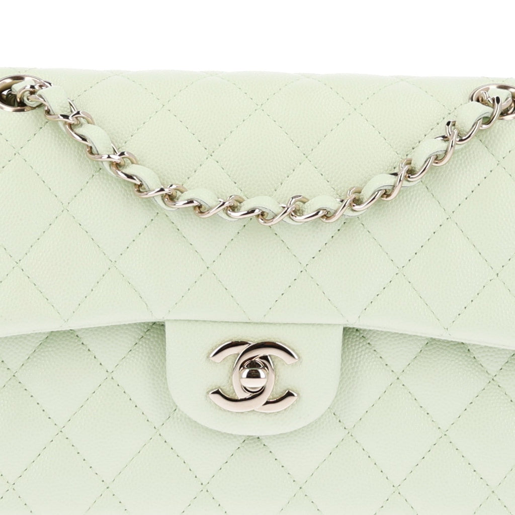 Caviar Quilted Small Double Flap Light Green At My store