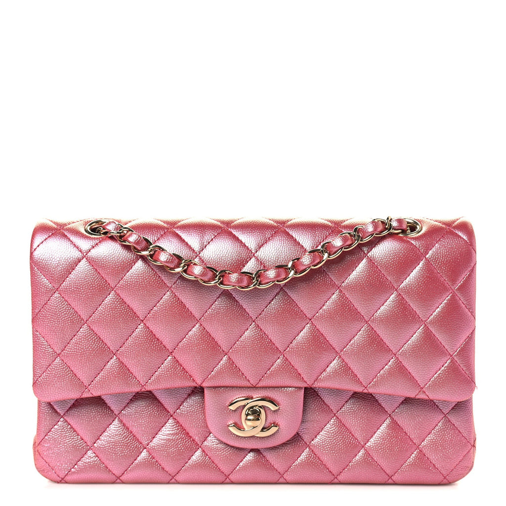 Iridescent Caviar Quilted Medium Double Flap Dark Pink At My store