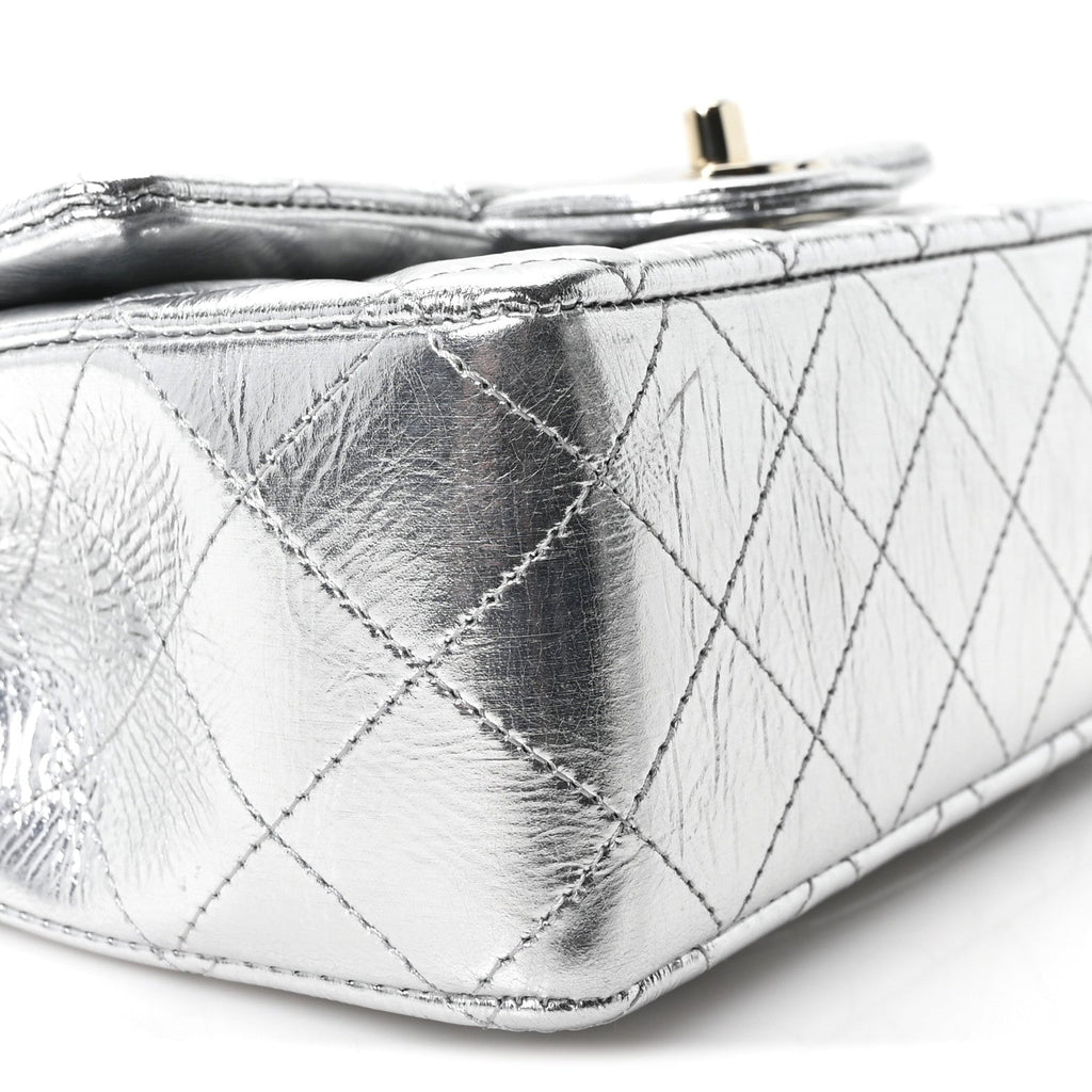 Hammered Metallic Calfskin Quilted Small Double Flap Silver At My store