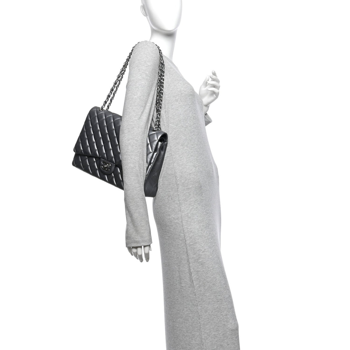 Metallic Lambskin Quilted Maxi Double Flap Pewter At My store