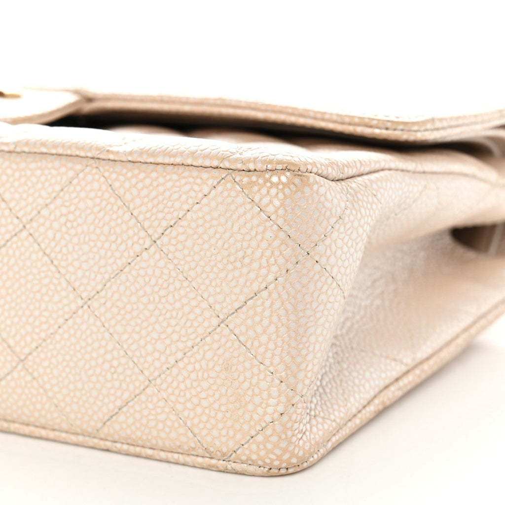Pearly Caviar Quilted Medium Double Flap Light Beige At My store