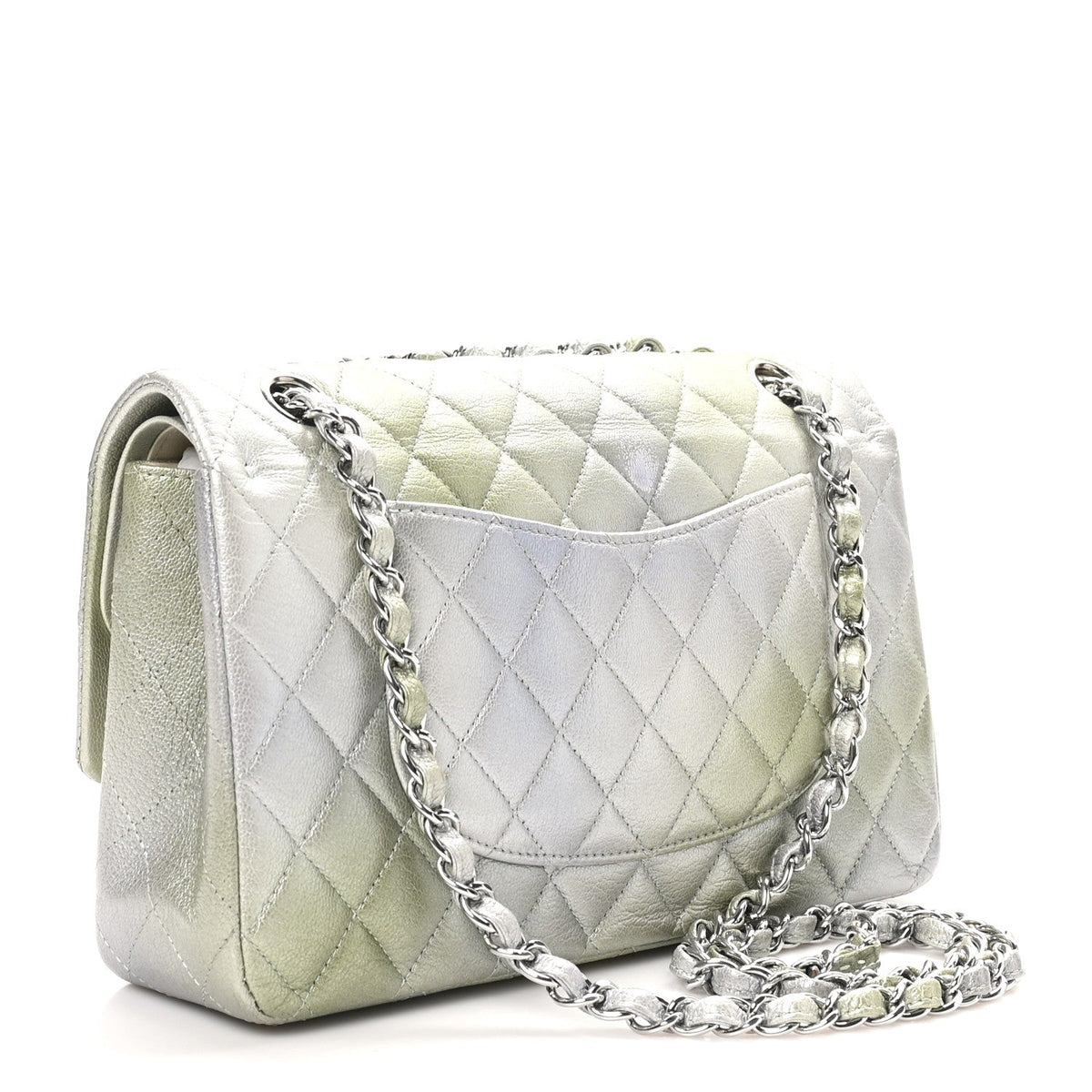 Metallic Goatskin Quilted Ombre Medium Double Flap Grey Green At My store