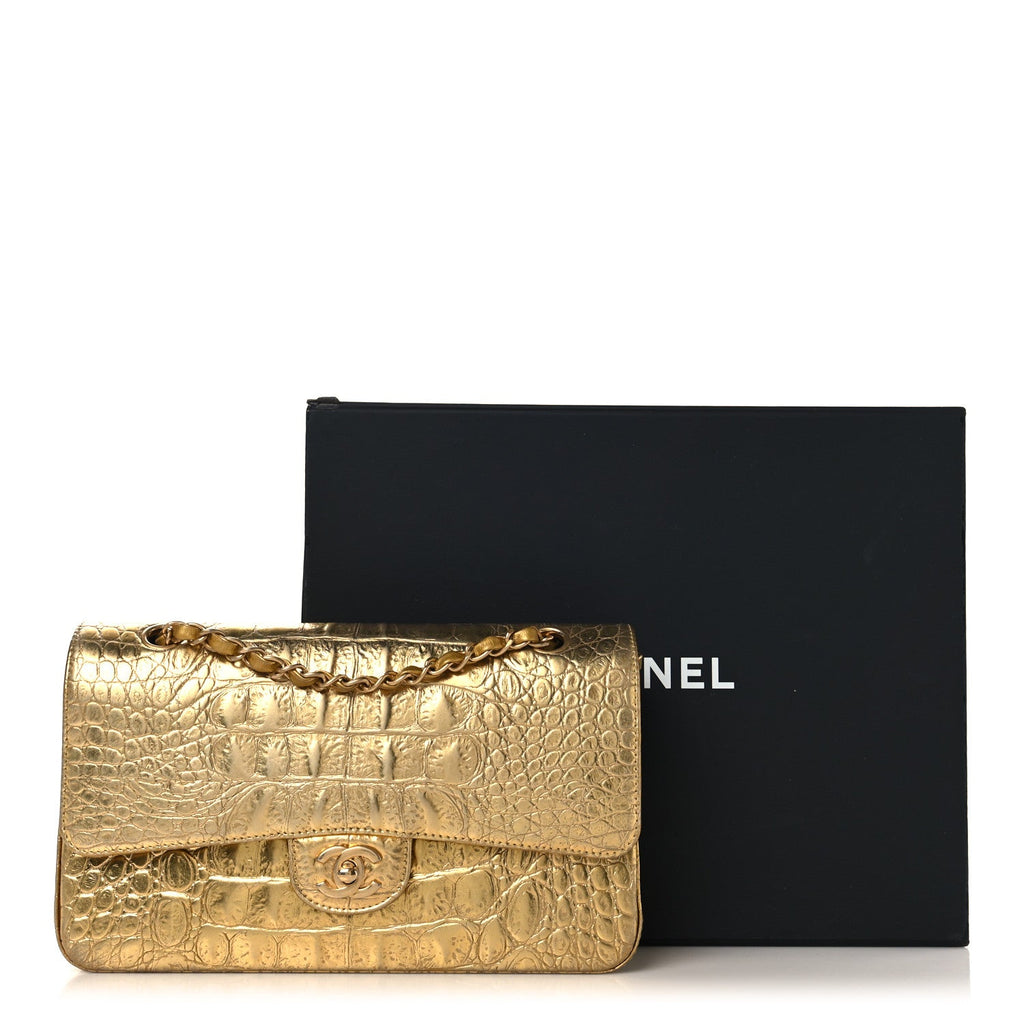 Metallic Calfskin Crocodile Embossed Cocodile Medium Double Flap Gold At My store