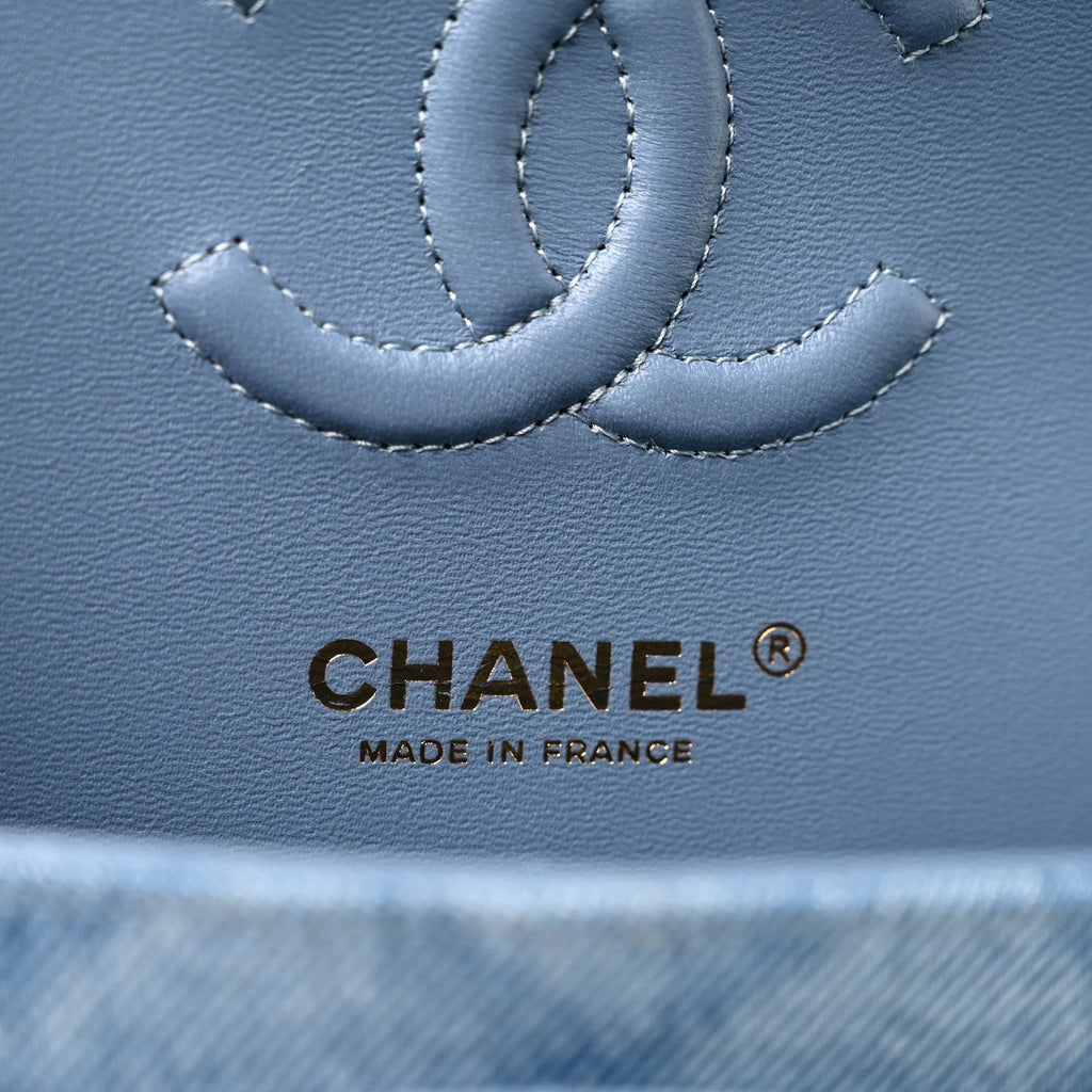 Printed Denim Quilted Small Double Flap Light Blue At My store