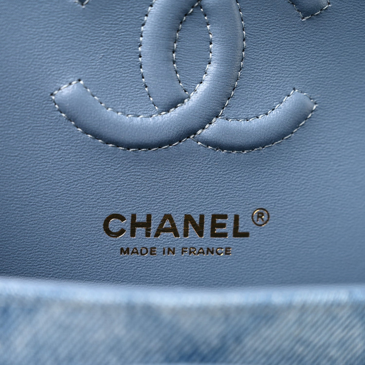 Printed Denim Quilted Small Double Flap Light Blue At My store