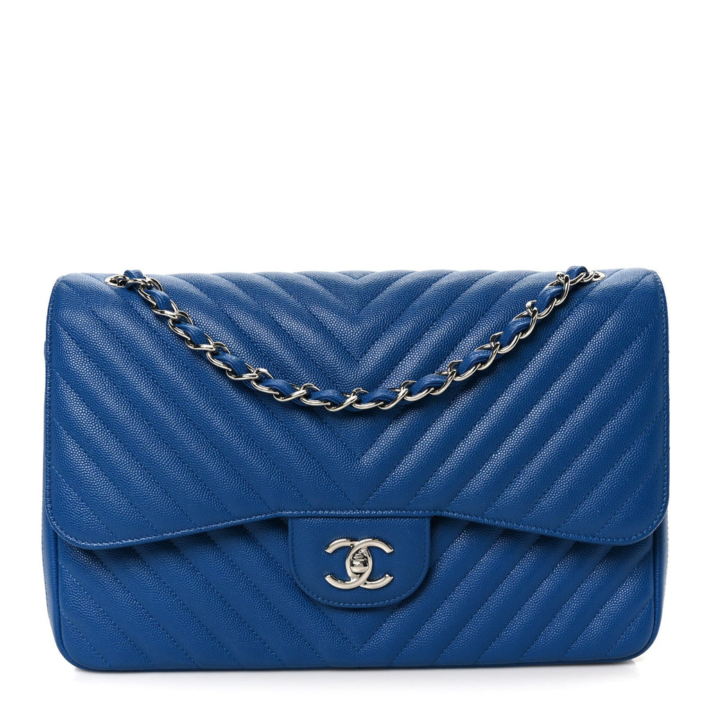 Caviar Chevron Quilted Jumbo Double Flap Blue At My store