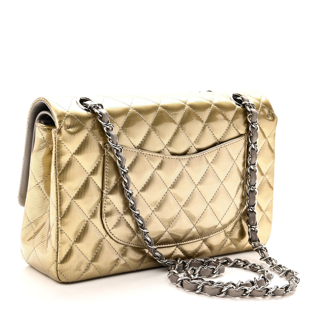 Striated Patent Quilted Medium Double Flap Gold At My store