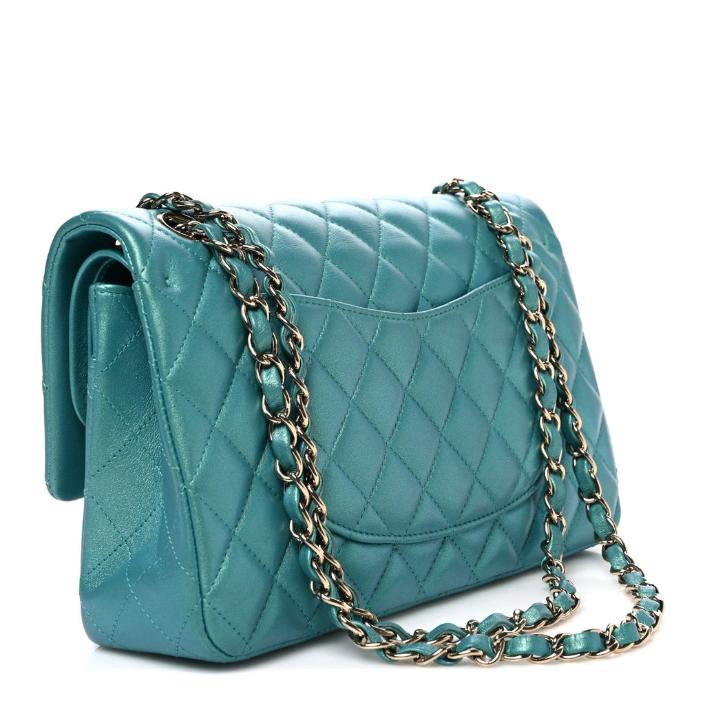 Iridescent Caviar Quilted Medium Double Flap Green At My store