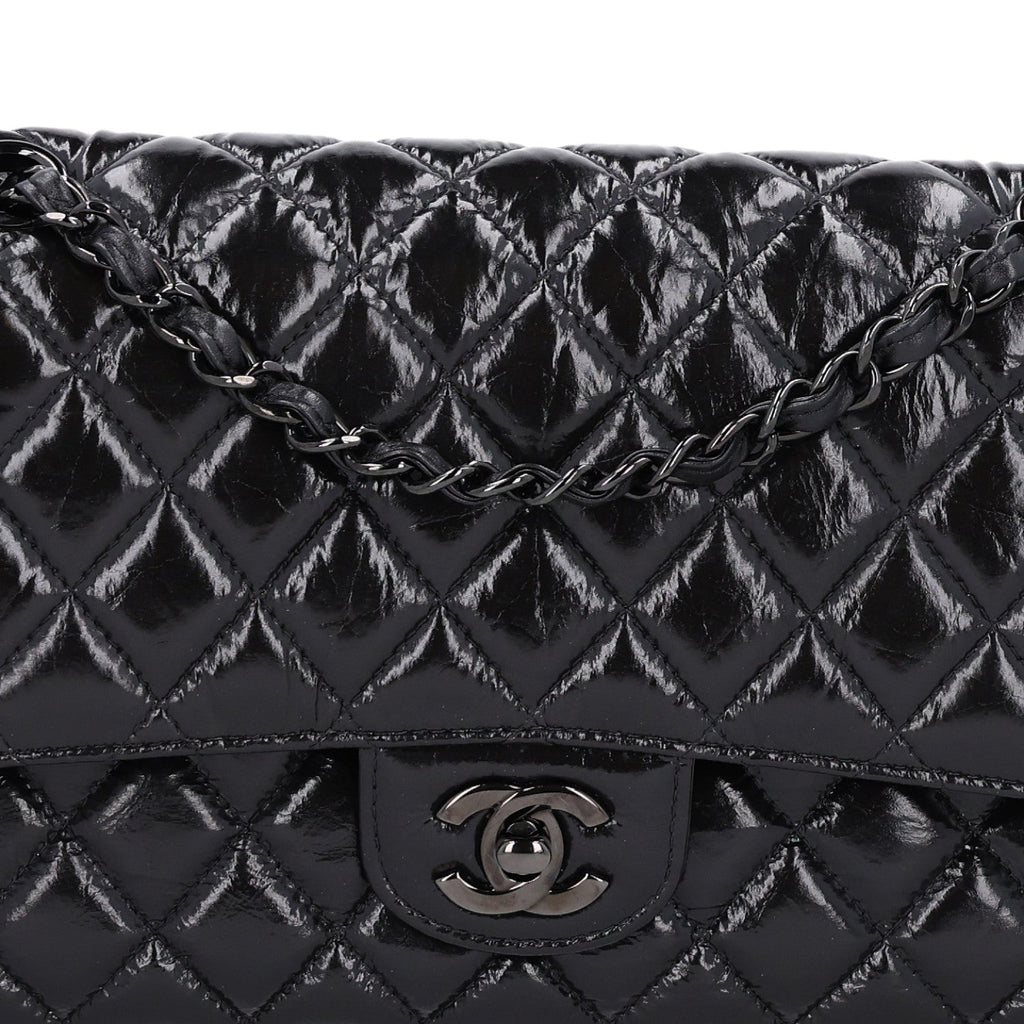 Shiny Crumpled Calfskin Quilted Medium Double Flap So Black At My store