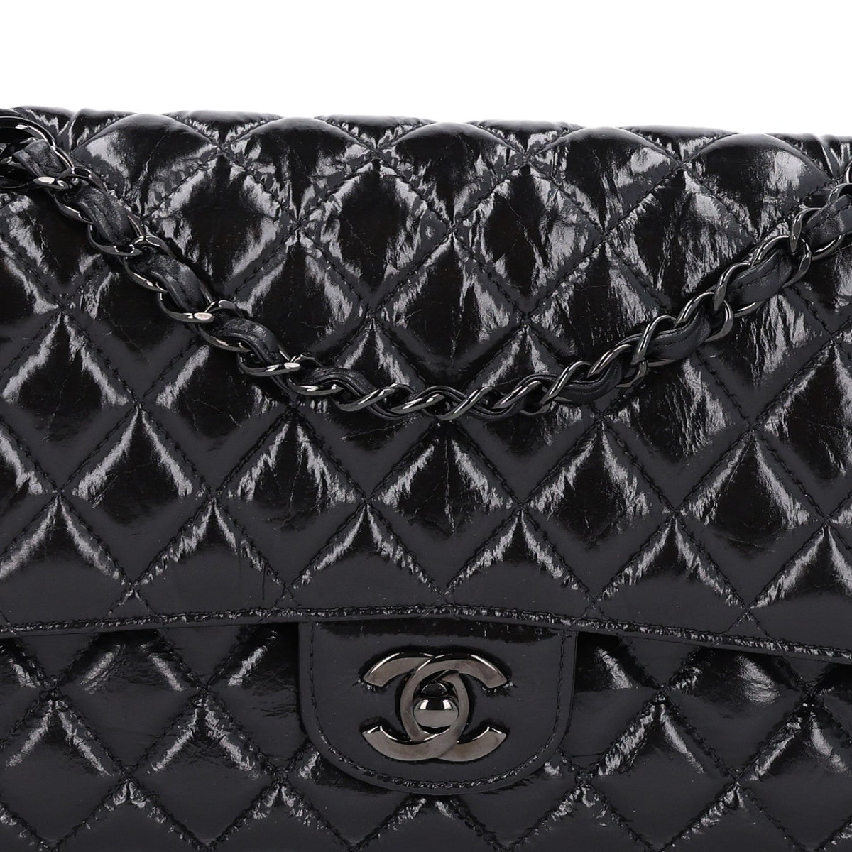Shiny Crumpled Calfskin Quilted Medium Double Flap So Black At My store