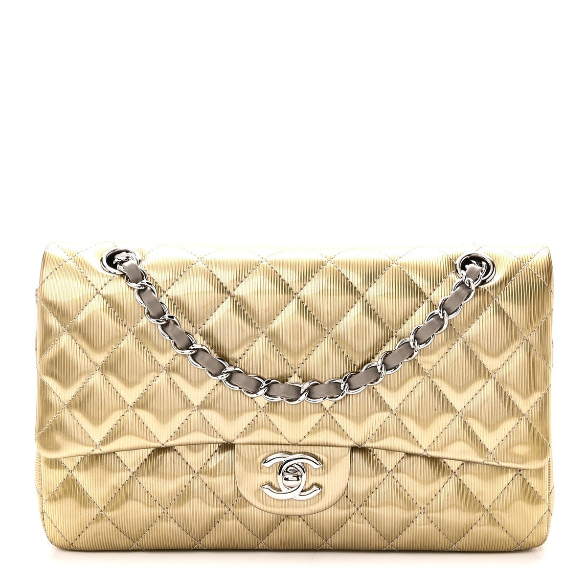 Striated Patent Quilted Medium Double Flap Gold At My store