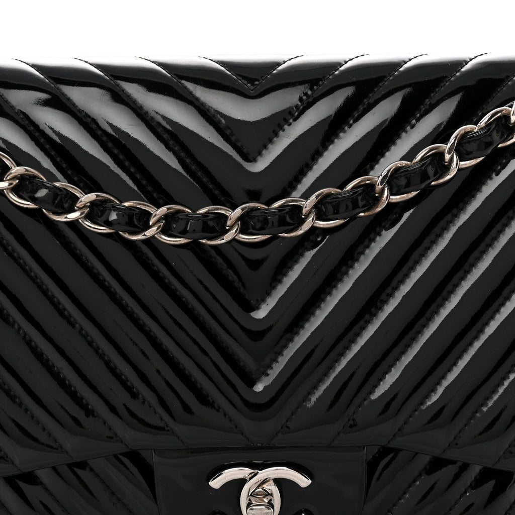 Patent Chevron Quilted Jumbo Double Flap Black At My store