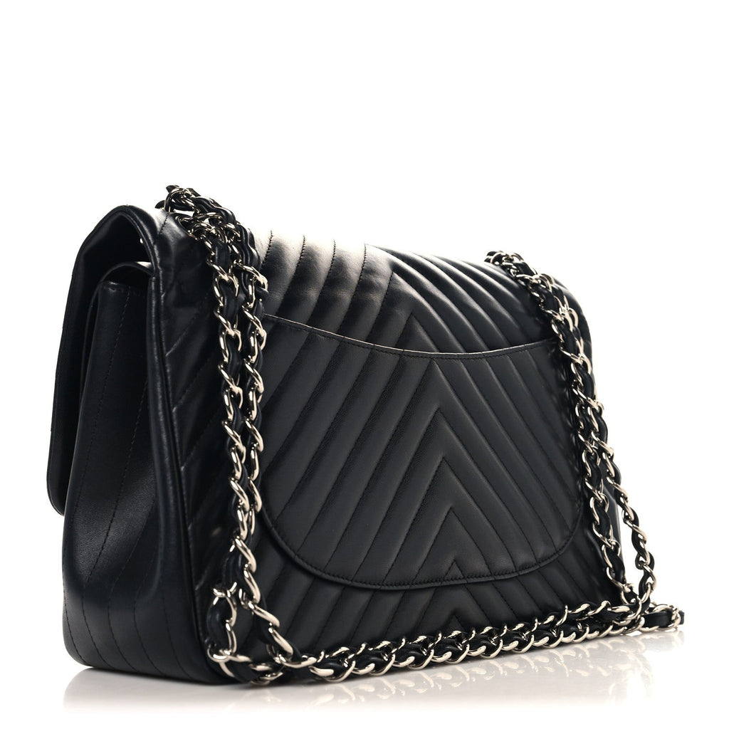 Lambskin Chevron Quilted Jumbo Double Flap Black At My store