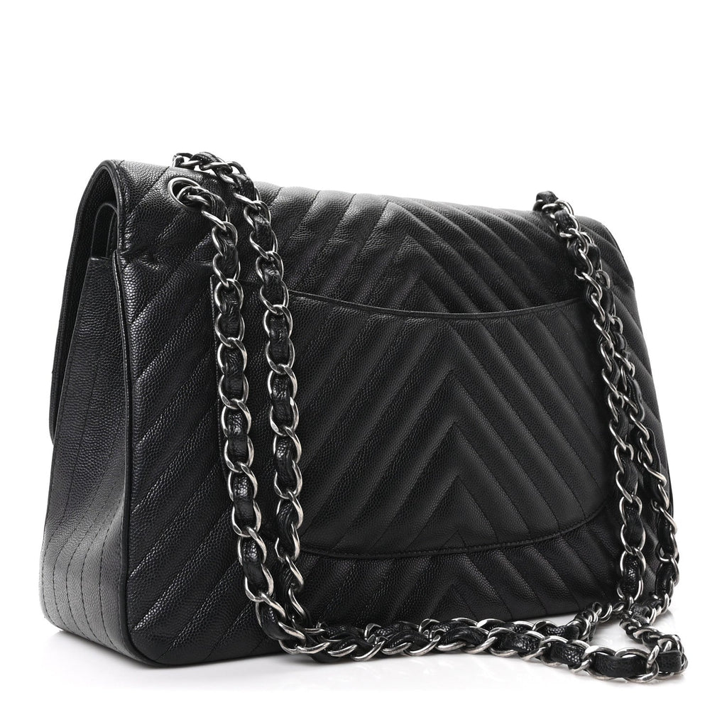 Iridescent Caviar Chevron Quilted Jumbo Double Flap Black At My store