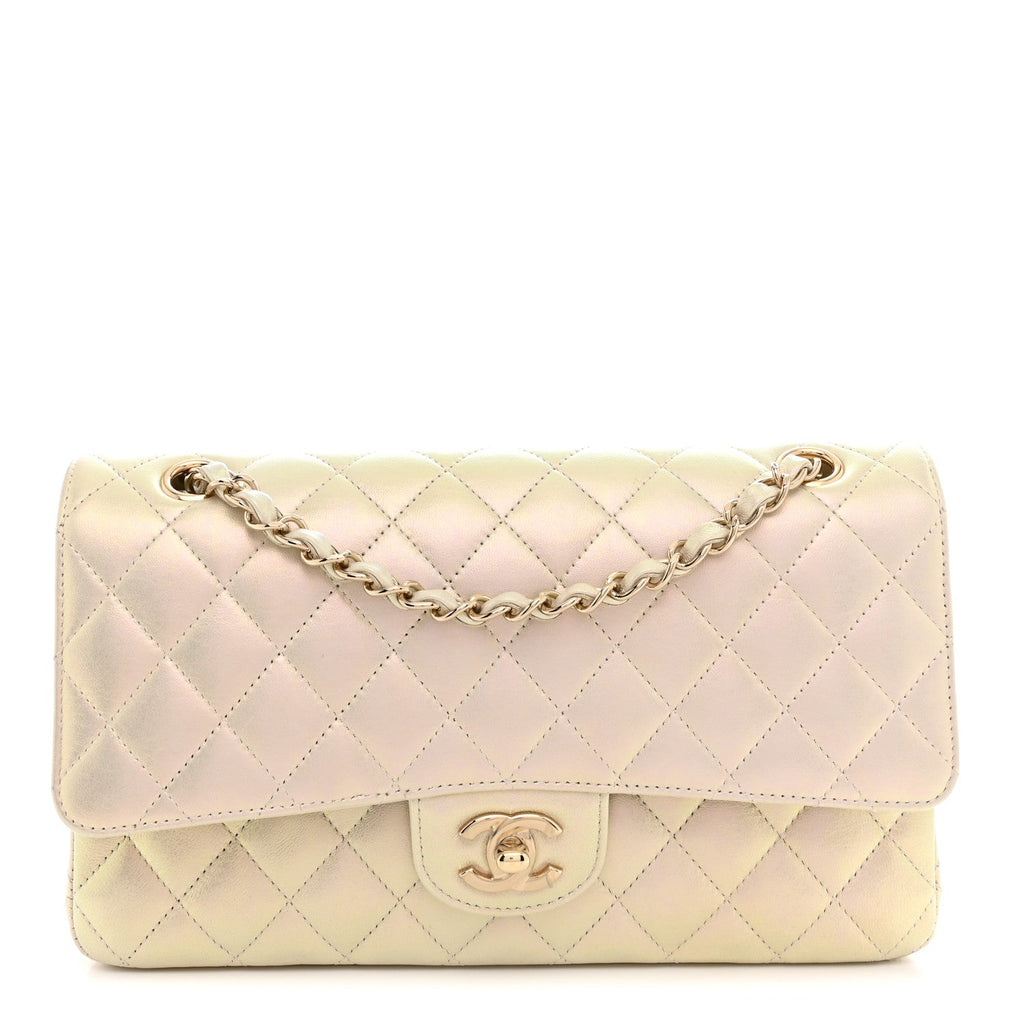 Iridescent Lambskin Quilted Medium Double Flap Ivory At My store