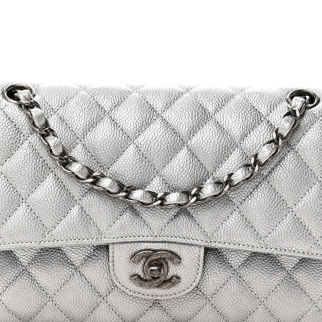 Metallic Caviar Quilted Medium Double Flap Silvery At My store