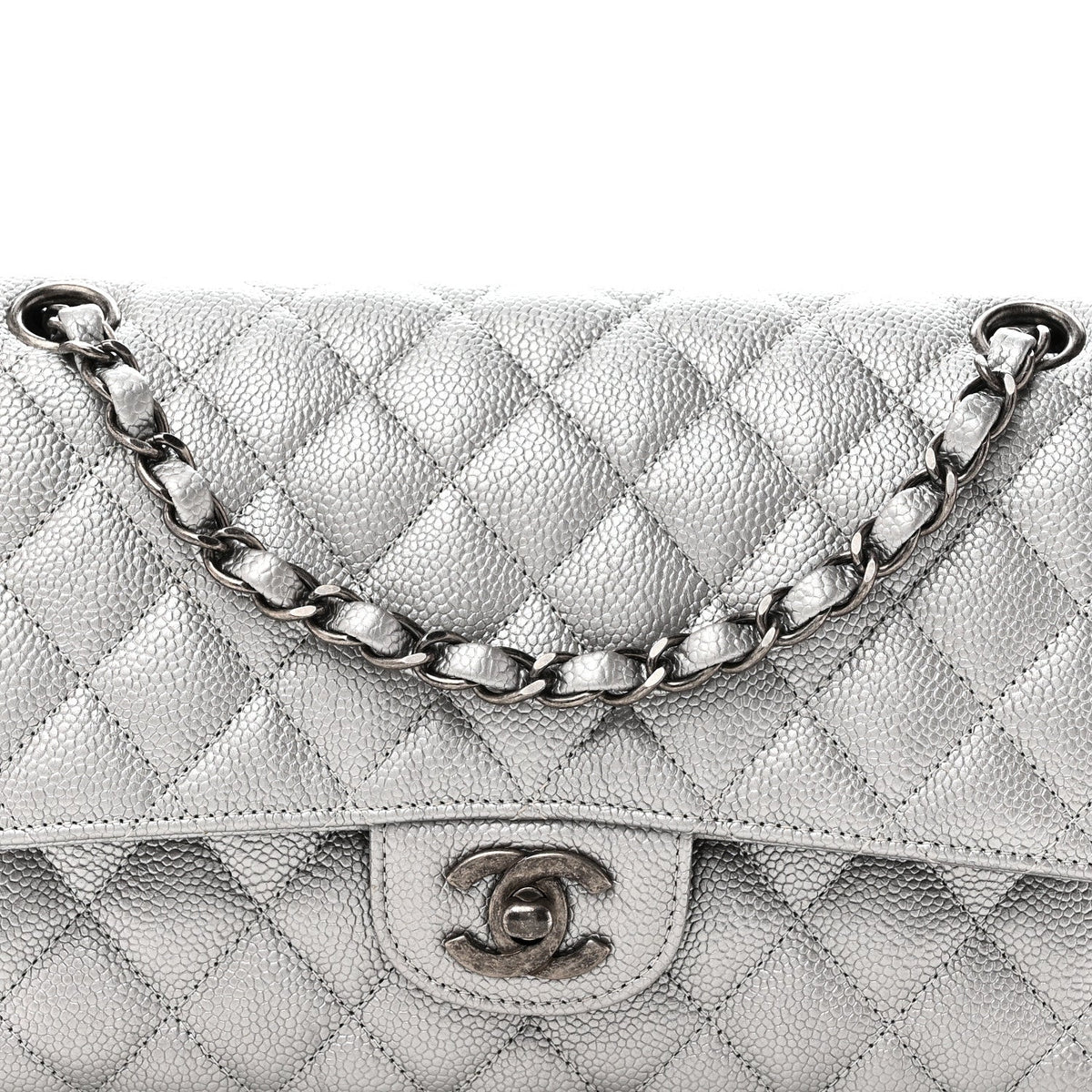 Metallic Caviar Quilted Medium Double Flap Silvery At My store