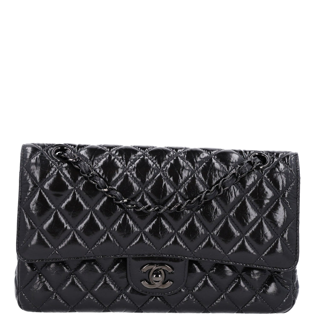 Shiny Crumpled Calfskin Quilted Medium Double Flap So Black At My store