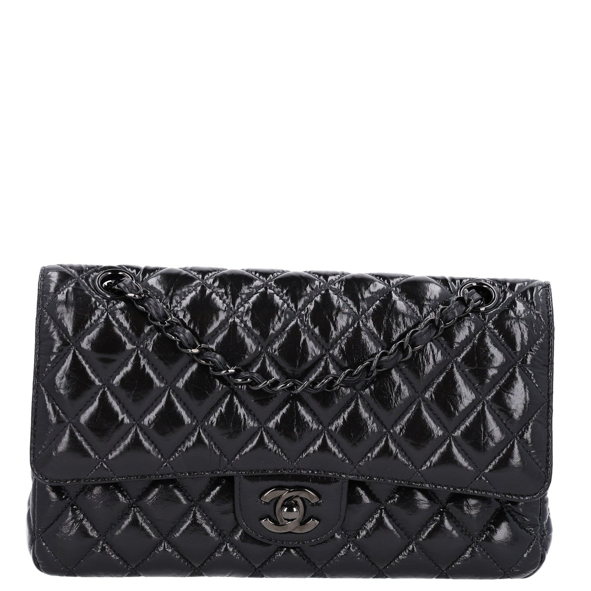 Shiny Crumpled Calfskin Quilted Medium Double Flap So Black At My store