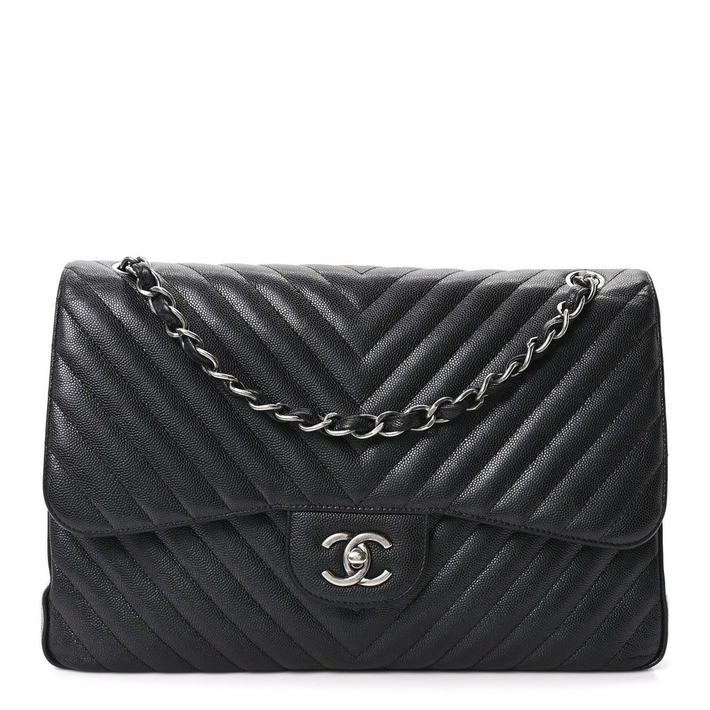 Iridescent Caviar Chevron Quilted Jumbo Double Flap Black At My store