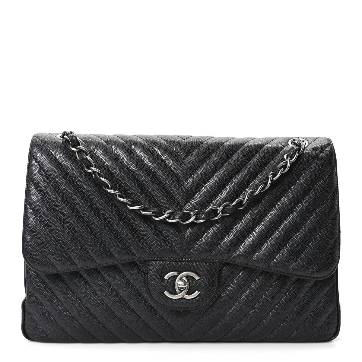 Iridescent Caviar Chevron Quilted Jumbo Double Flap Black At My store