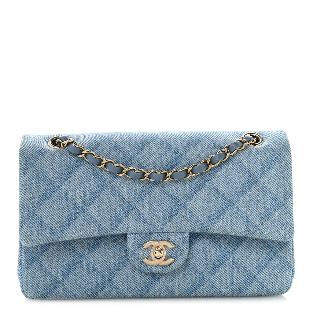 Printed Denim Quilted Medium Double Flap Light Blue At My store