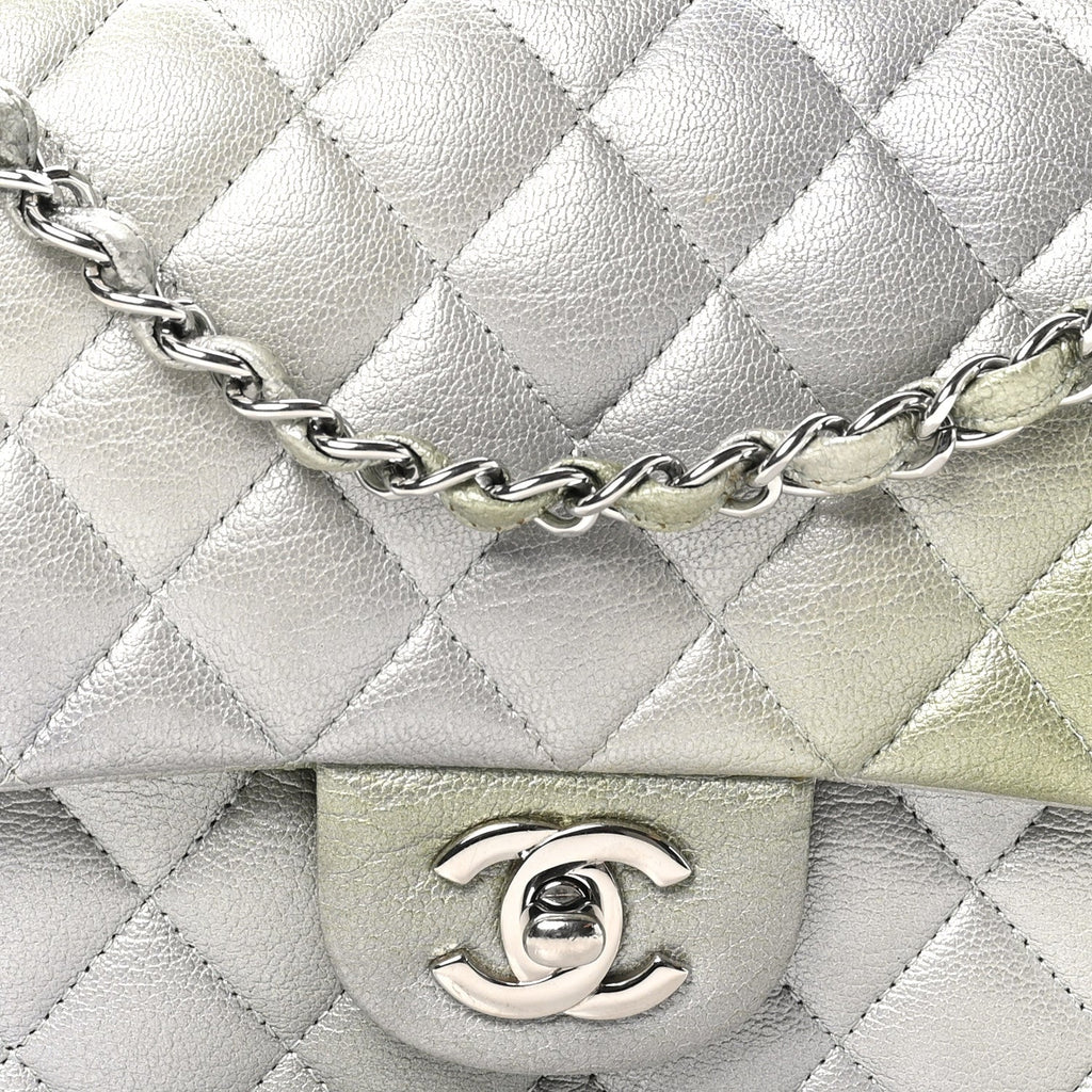 Metallic Goatskin Quilted Ombre Medium Double Flap Grey Green At My store