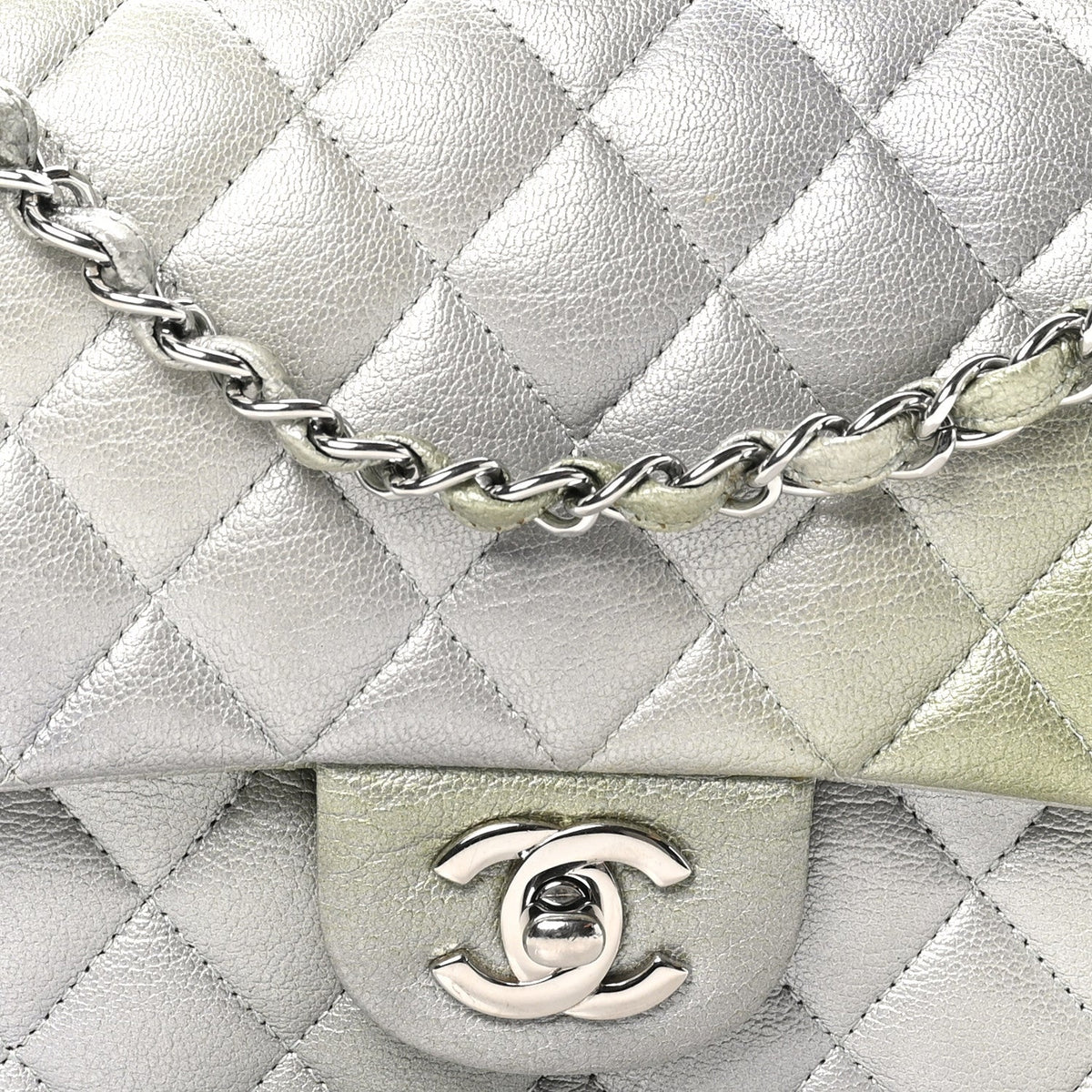 Metallic Goatskin Quilted Ombre Medium Double Flap Grey Green At My store