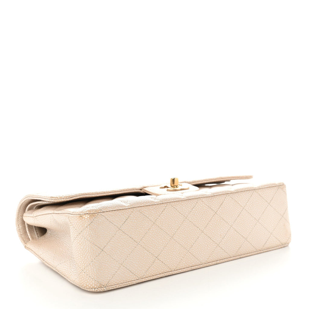 Pearly Caviar Quilted Medium Double Flap Light Beige At My store
