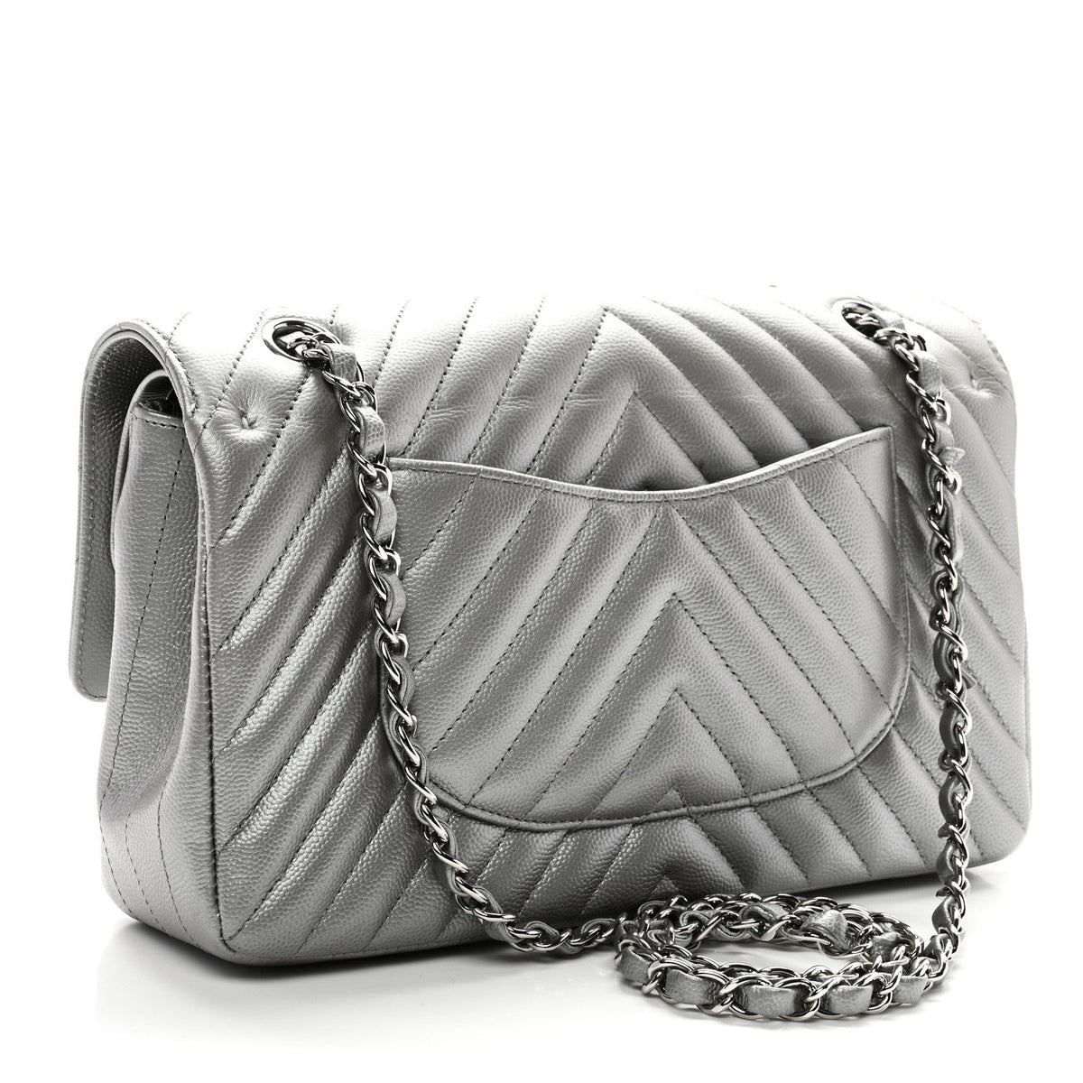Metallic Caviar Chevron Quilted Medium Double Flap Silver At My store