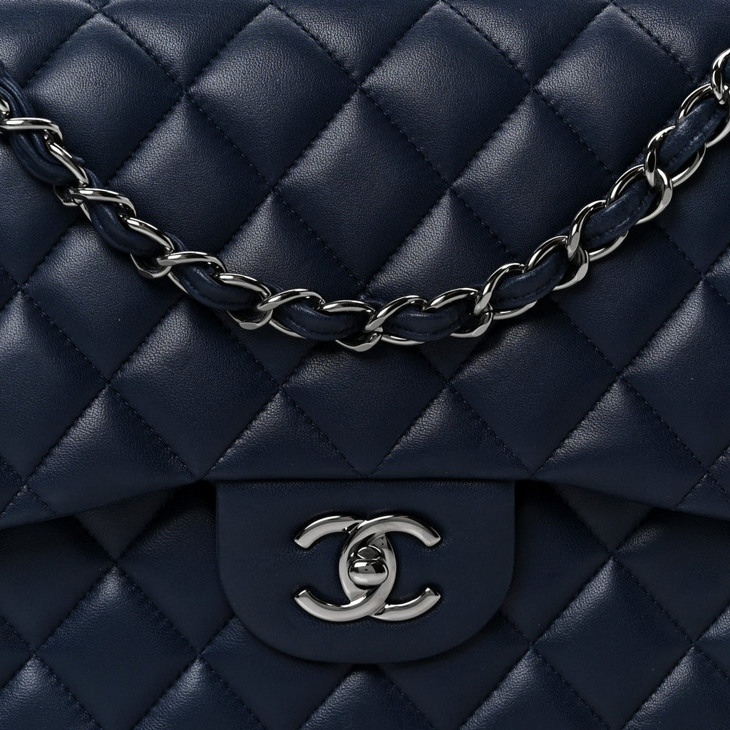 Lambskin Quilted Jumbo Double Flap Navy At My store