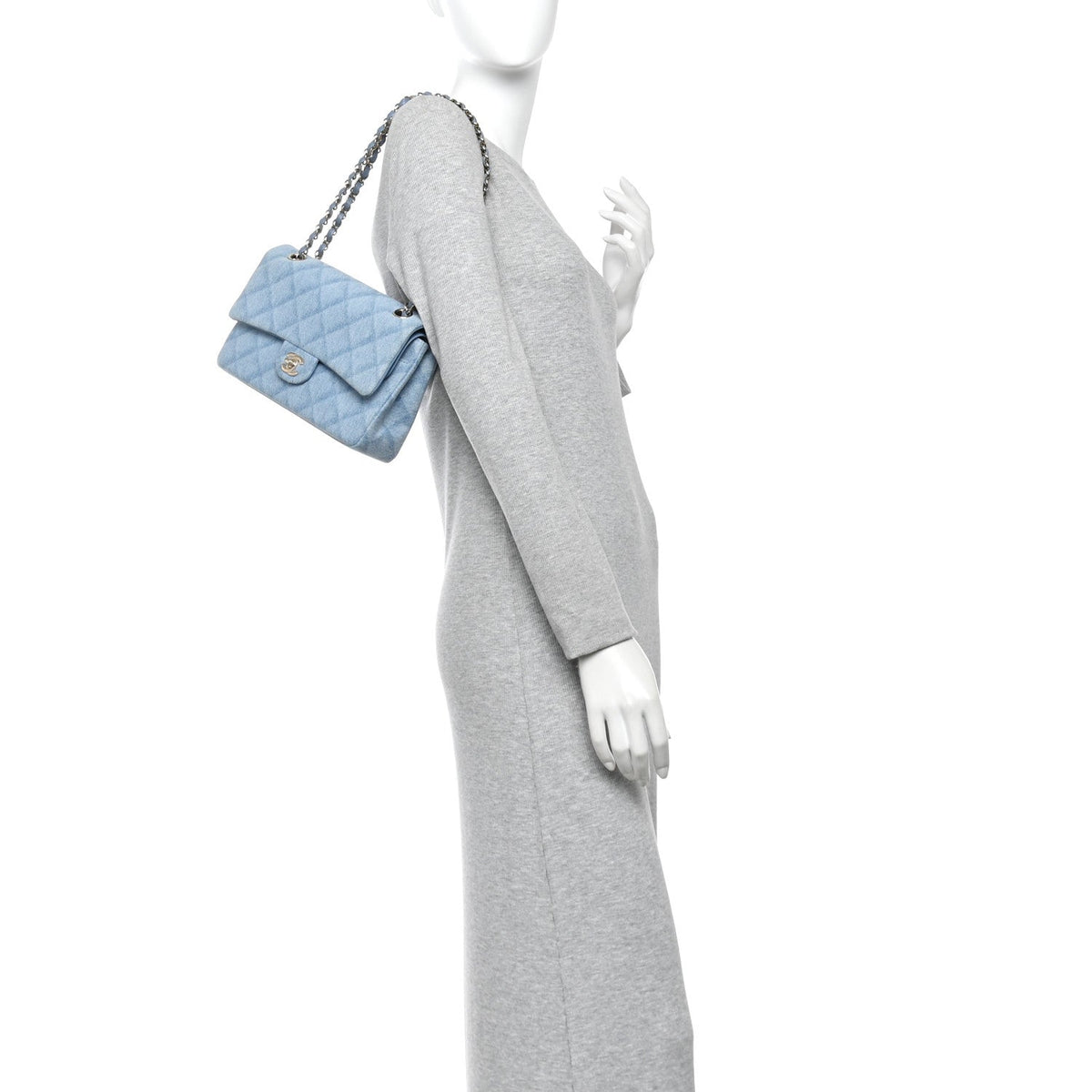 Printed Denim Quilted Medium Double Flap Light Blue At My store