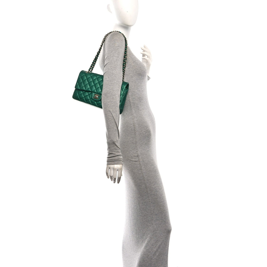 Metallic Caviar Quilted Medium Double Flap Green At My store
