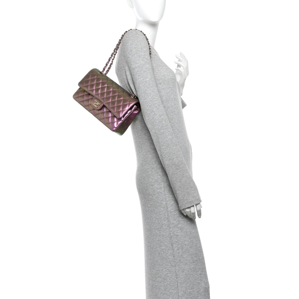 Iridescent Lambskin Quilted Medium Double Flap Purple At My store