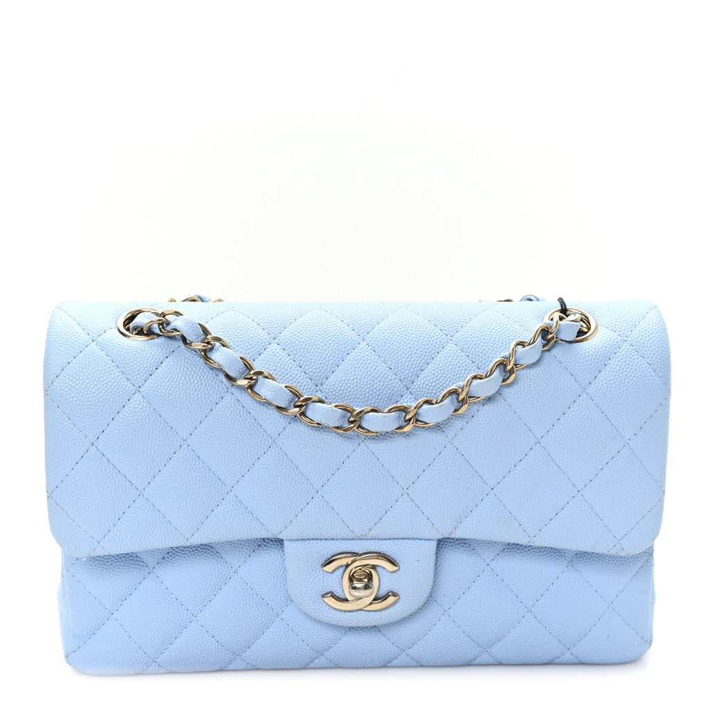 Caviar Quilted Small Double Flap Light Blue At My store