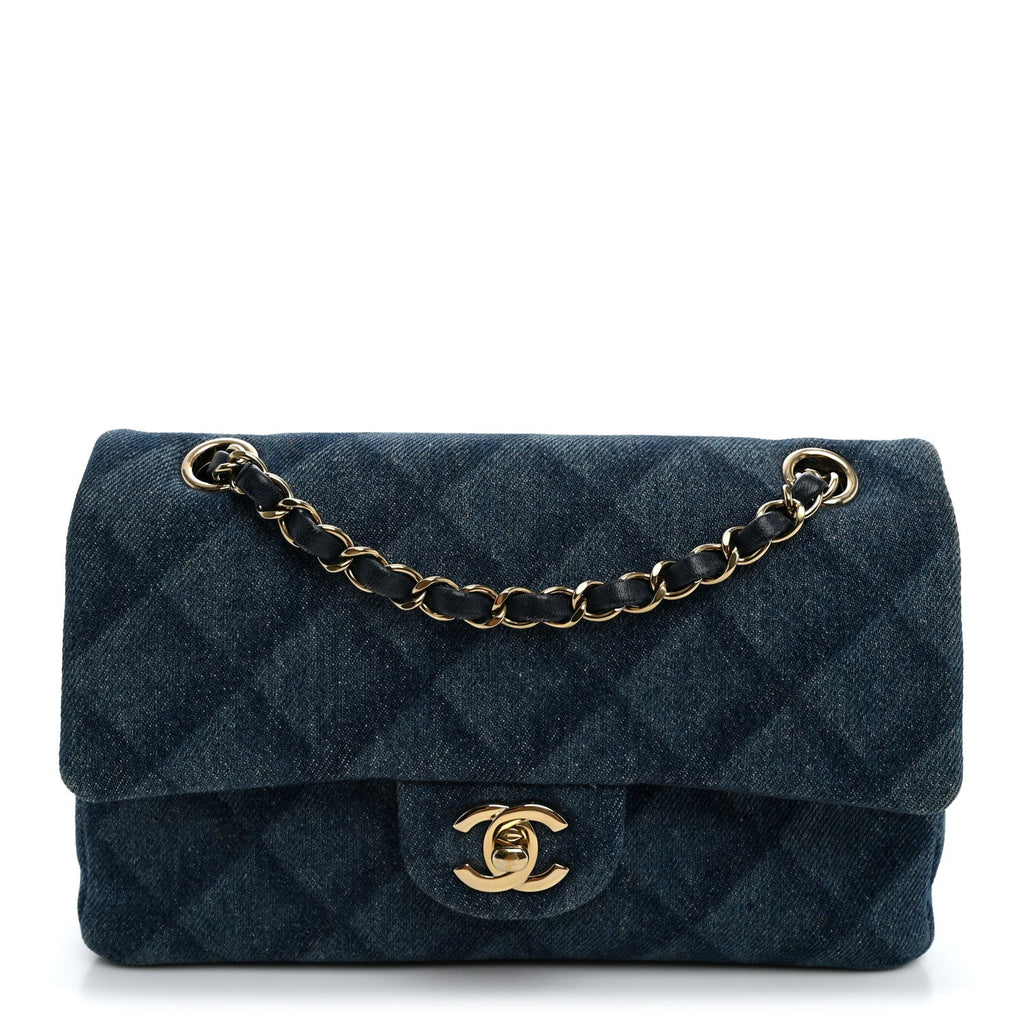 Printed Denim Quilted Small Double Flap Light Blue At My store