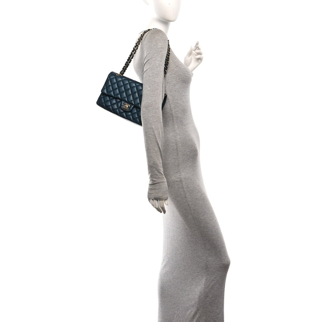 Metallic Caviar Quilted Medium Double Flap Dark Blue At My store