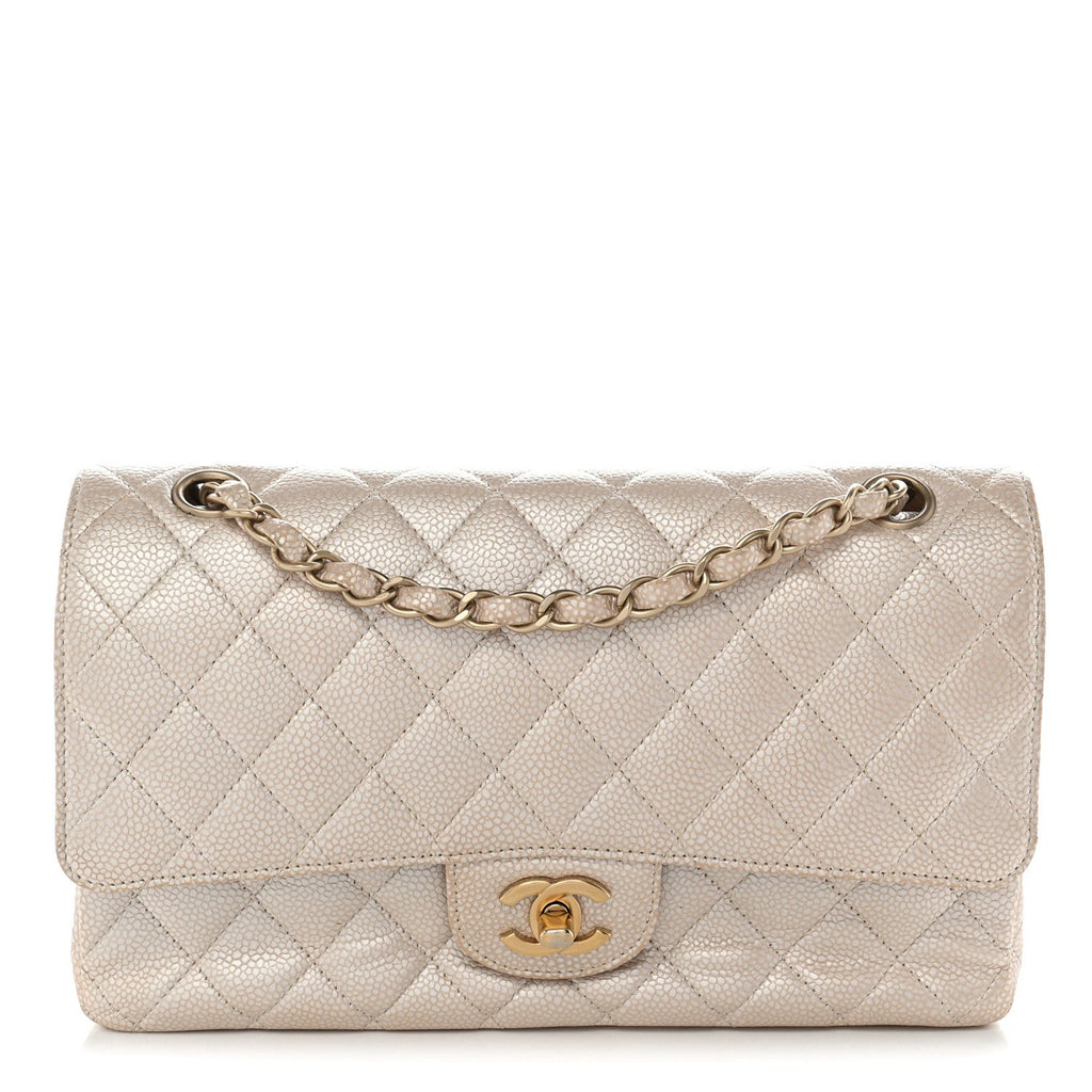 Pearly Caviar Quilted Medium Double Flap Light Beige At My store
