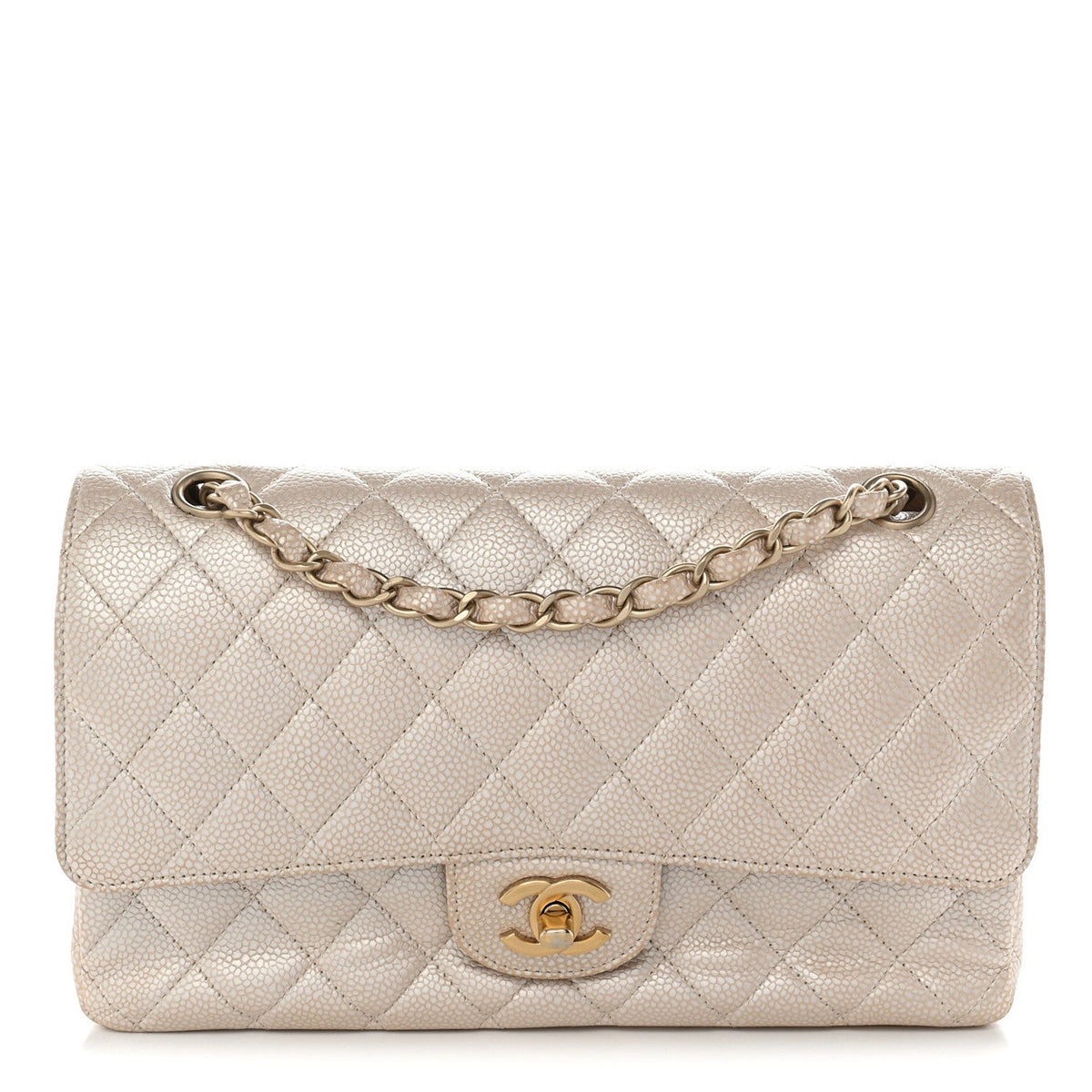 Pearly Caviar Quilted Medium Double Flap Light Beige At My store