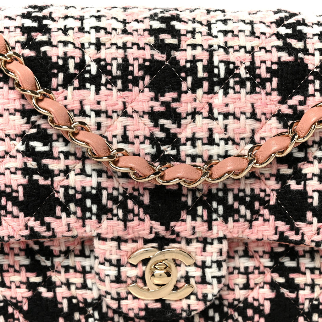 Tweed Quilted Medium Double Flap Pink Black White At My store