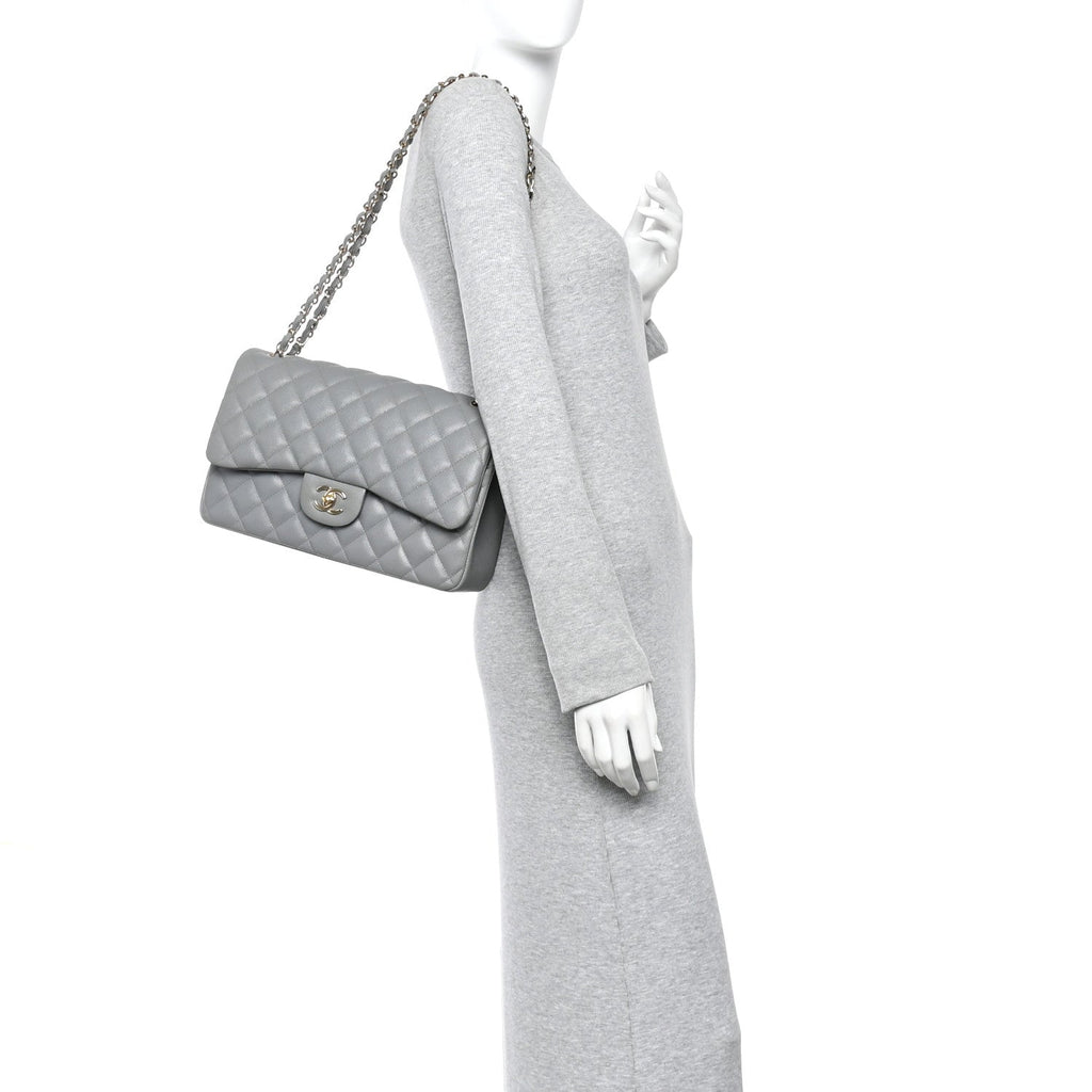 Caviar Quilted Jumbo Double Flap Grey At My store