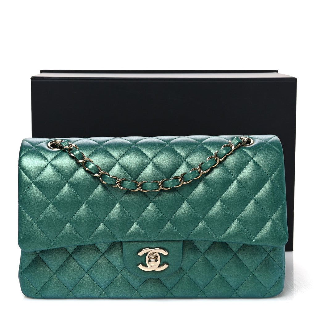 Iridescent Calfskin Quilted Medium Double Flap Green At My store
