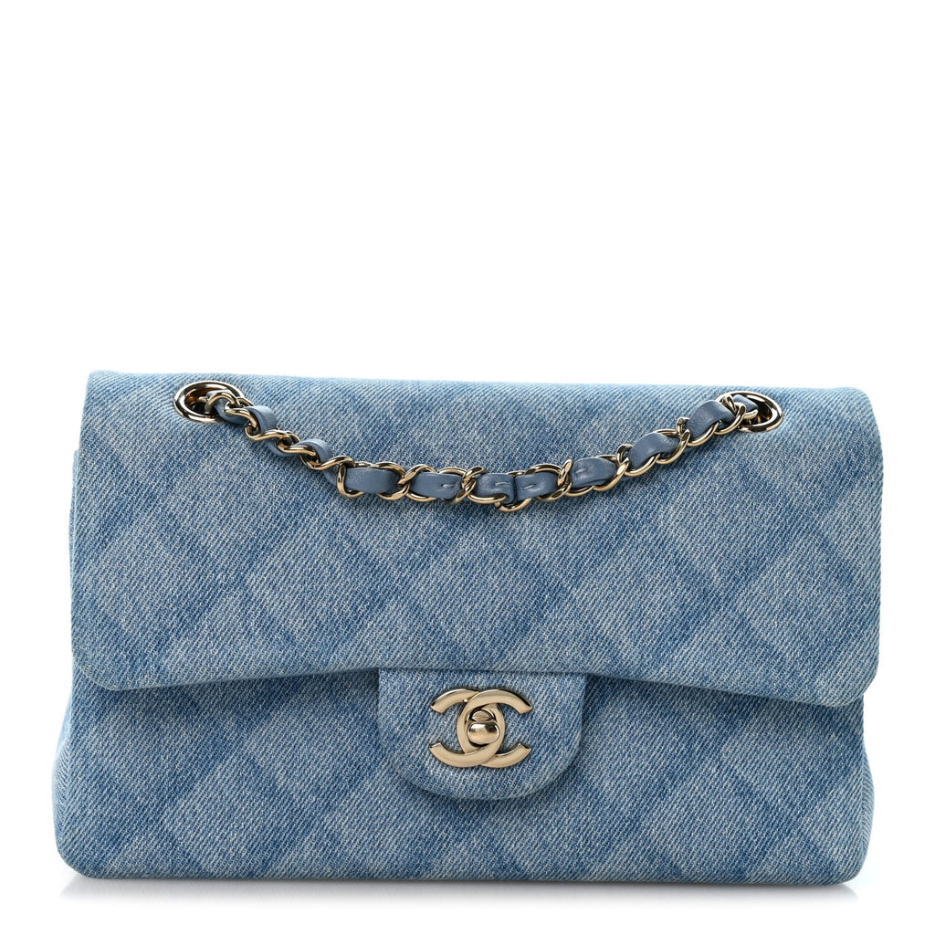Printed Denim Quilted Small Double Flap Light Blue At My store