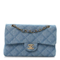 Printed Denim Quilted Small Double Flap Light Blue At My store