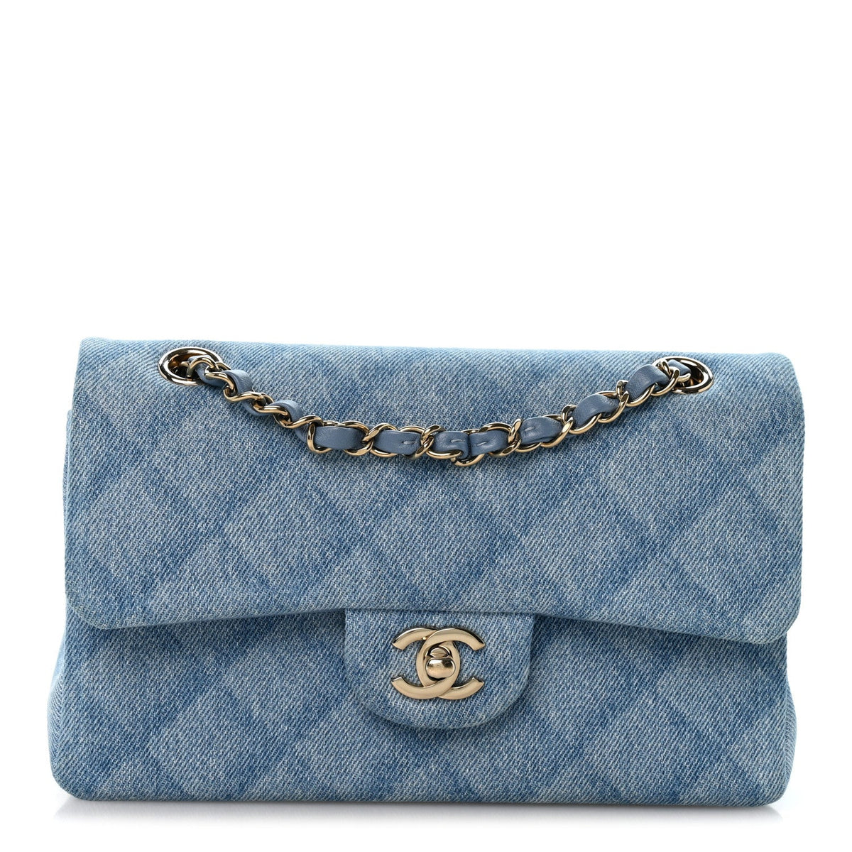 Printed Denim Quilted Small Double Flap Light Blue At My store