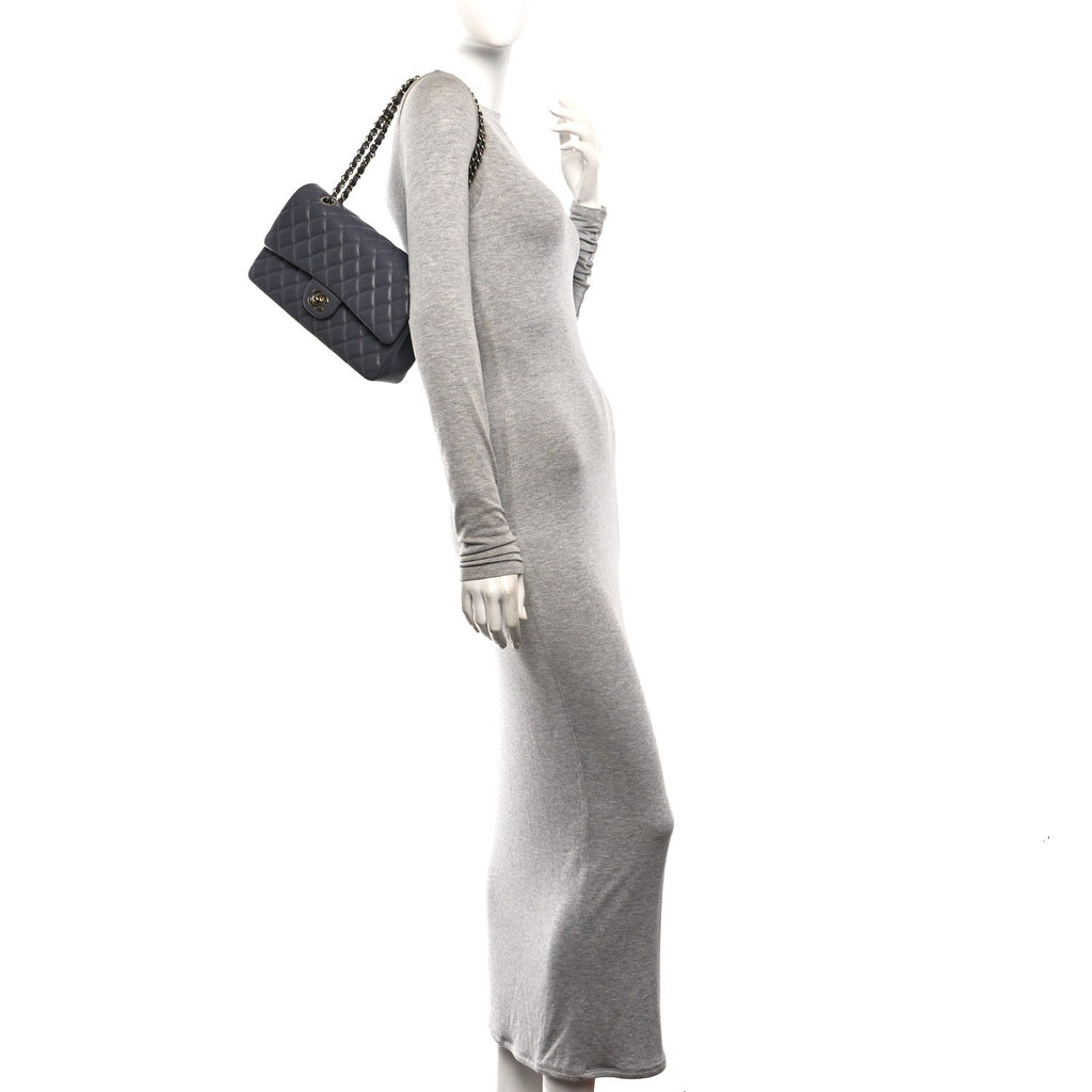 Caviar Quilted Medium Double Flap Dark Grey At My store
