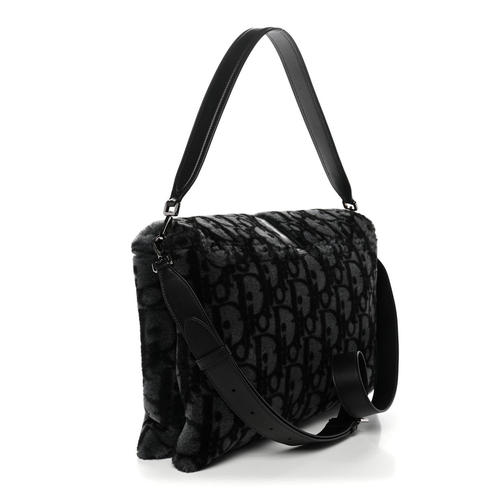Oblique Mink Fur Saddle Soft Bag Dark Grey AT My store