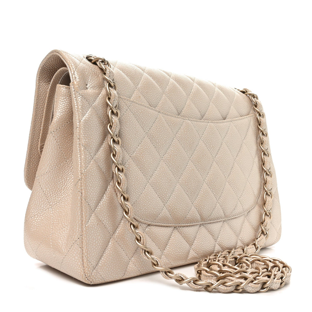 Iridescent Caviar Quilted Jumbo Double Flap Beige At My store